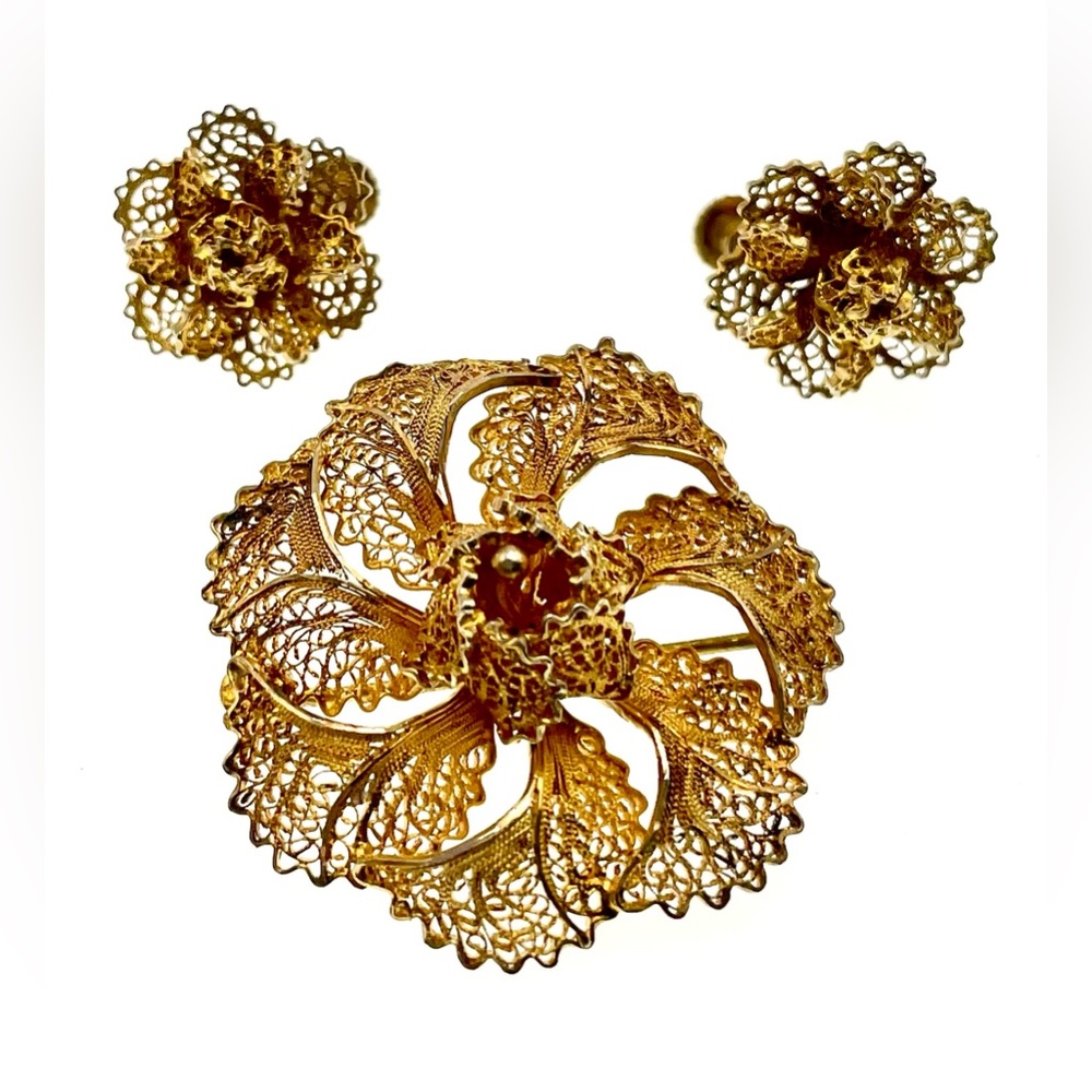 Vintage Signed M Topazio Portugal 925 GoldOver Sterling Filigree Brooch Earrings